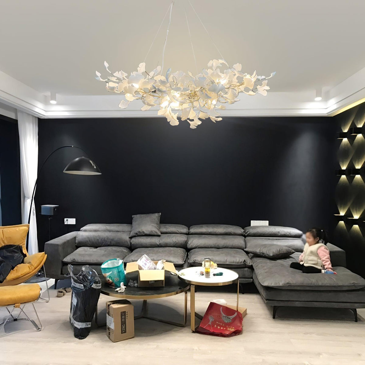 Kaori Leaf Chandelier, Ginkgo Leaf Design, 7 Sizes, Gold, Nickel, Black or White Finish