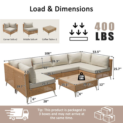 7-Piece Rattan Wicker Outdoor Sectional Sofa Set with Waterproof Cushions, Contemporary