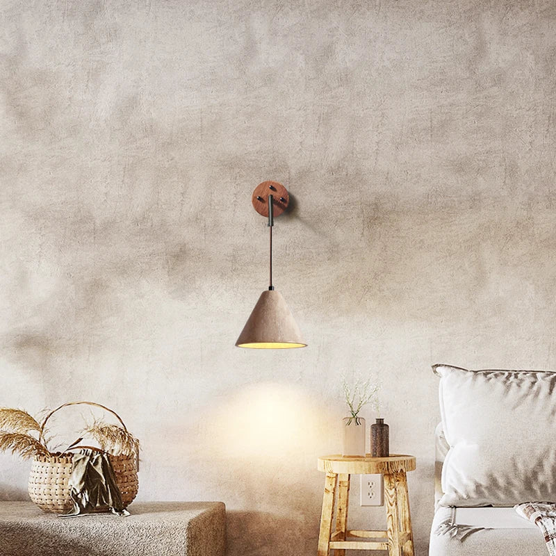 Travertine Stone Wall Sconce, Midcentury Wabi-Sabi, Natural Stone, Warm LED