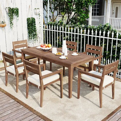 7-Piece Acacia Wood Outdoor Dining Set with Foldable Chairs, Portable, 6 Chairs & Table