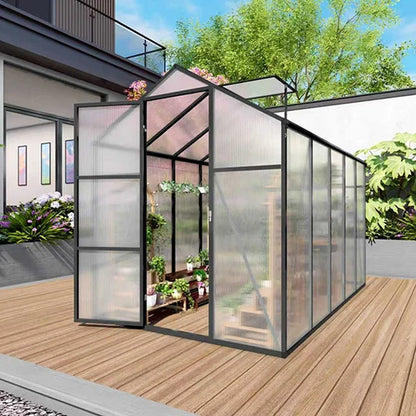 6x10 ft Polycarbonate Walk-In Greenhouse, Aluminum Frame, Vent Window & Lockable Door