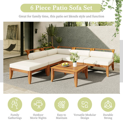 6-Piece Modular Outdoor Sectional Sofa – Acacia & Teak Wood L-Shaped Lounge Set with Cushions