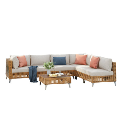 7-Piece Rattan Wicker Outdoor Sectional Sofa Set with Waterproof Cushions, Contemporary
