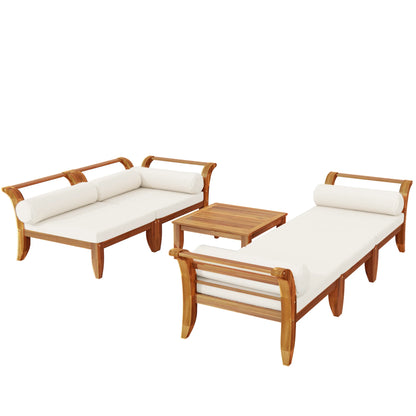 6-Piece Modular Outdoor Sectional Sofa – Acacia & Teak Wood L-Shaped Lounge Set with Cushions