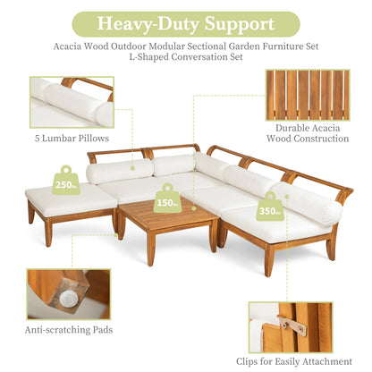 6-Piece Modular Outdoor Sectional Sofa – Acacia & Teak Wood L-Shaped Lounge Set with Cushions