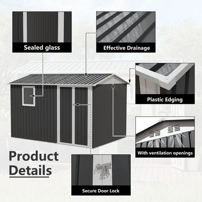 9x6 ft Galvanized Steel Garden Shed with Window, Aluminum Frame, Heavy Duty Outdoor Storage