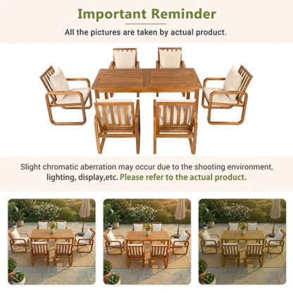 7-Piece Modern Acacia Wood Outdoor Dining Set with Cushions, 6 Chairs & Large Table