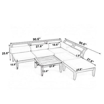 6-Piece Modular Outdoor Sectional Sofa – Acacia & Teak Wood L-Shaped Lounge Set with Cushions