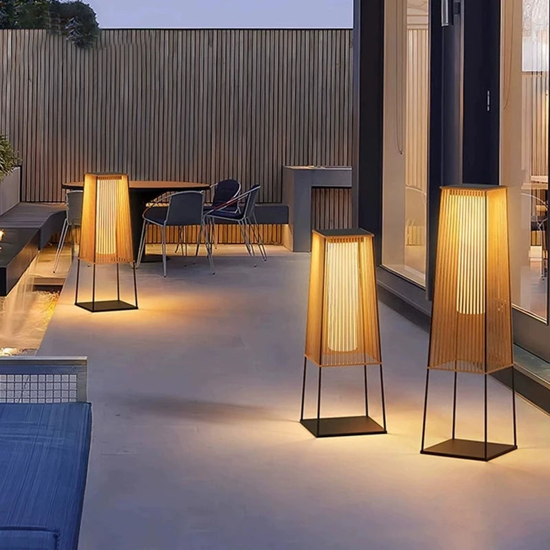 Wren Outdoor Woven Garden Floor Lamp, Stainless Steel, LED, Remote Control