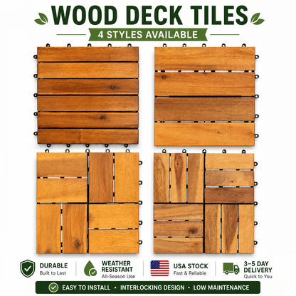 Acacia Wood Interlocking Deck Tiles, 12x12", Waterproof Outdoor Patio Flooring