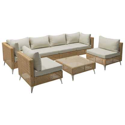 7-Piece Rattan Wicker Outdoor Sectional Sofa Set with Waterproof Cushions, Contemporary