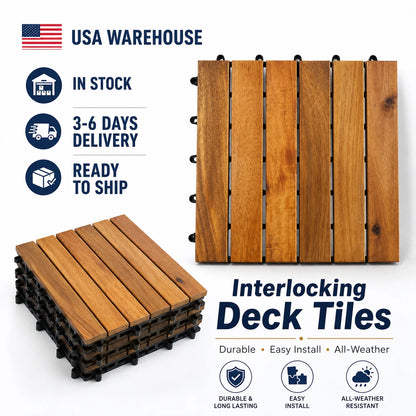 Acacia Wood Interlocking Deck Tiles, 12x12", Waterproof Outdoor Patio Flooring