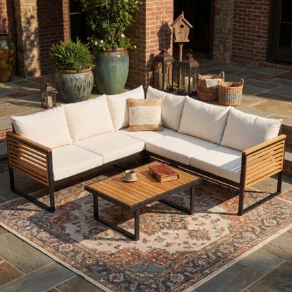 4-Piece Acacia Wood Outdoor Corner Sofa Set, Iron Frame, Waterproof Cushions, Hotel-Style