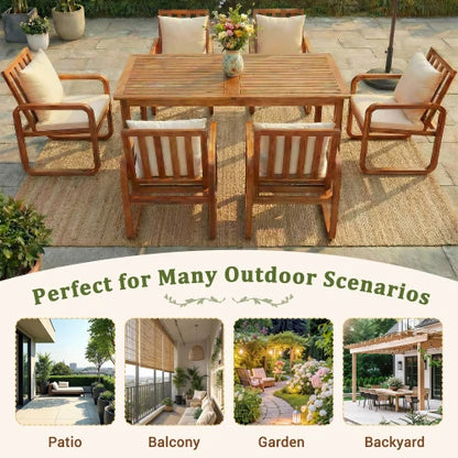 7-Piece Modern Acacia Wood Outdoor Dining Set with Cushions, 6 Chairs & Large Table