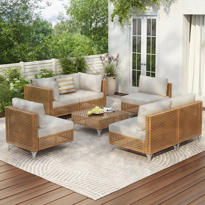 7-Piece Rattan Wicker Outdoor Sectional Sofa Set with Waterproof Cushions, Contemporary