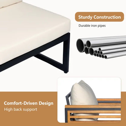 4-Piece Acacia Wood Outdoor Corner Sofa Set, Iron Frame, Waterproof Cushions, Hotel-Style