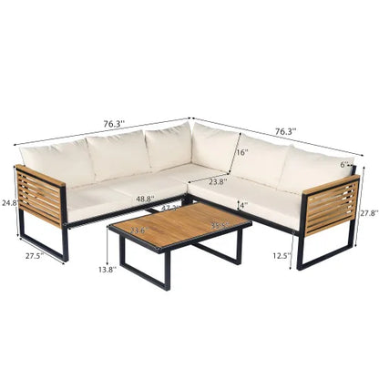 4-Piece Acacia Wood Outdoor Corner Sofa Set, Iron Frame, Waterproof Cushions, Hotel-Style