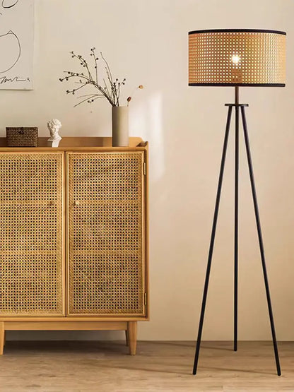 Rattan floor lamp with iron base, front view