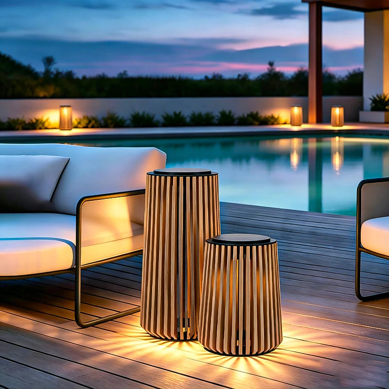 Mokume Solar Lawn Light, Stainless Steel, Wood Grain Finish, Remote Control, IP65 Waterproof
