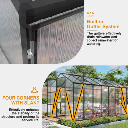 6x10 ft Polycarbonate Walk-In Greenhouse, Aluminum Frame, Vent Window & Lockable Door