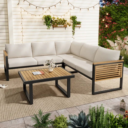 4-Piece Acacia Wood Outdoor Corner Sofa Set, Iron Frame, Waterproof Cushions, Hotel-Style
