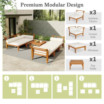 6-Piece Modular Outdoor Sectional Sofa – Acacia & Teak Wood L-Shaped Lounge Set with Cushions
