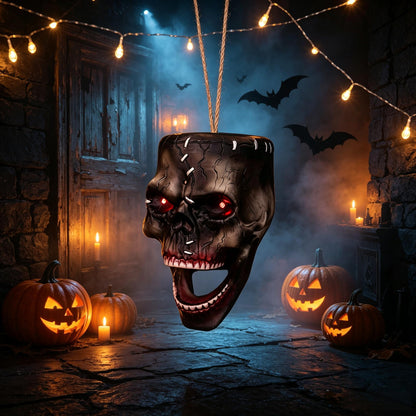 Halloween hanging skull decoration displayed on a porch