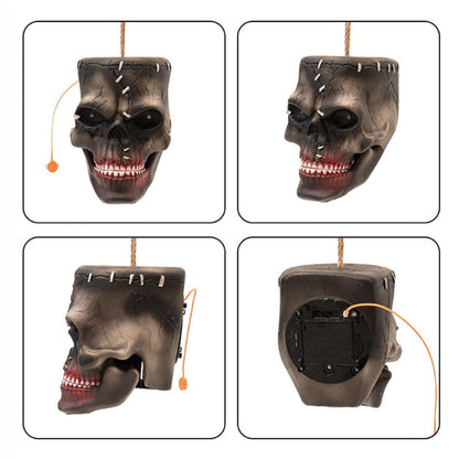 Back view of animated hanging skull showing rope hook