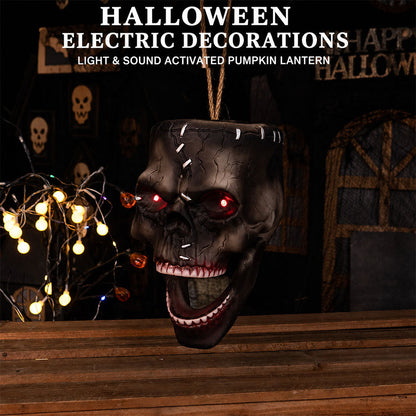 Close-up of animated skull's moving jaw mechanism