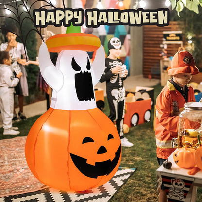 Animated LED ghost and pumpkin inflatable, front view