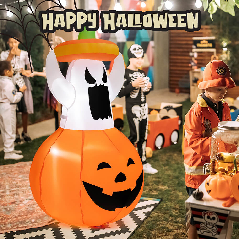 Animated ghost and jack-o'-lantern inflatable for outdoor Halloween decorating
