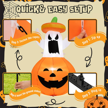 Animated LED ghost and pumpkin inflatable, side view