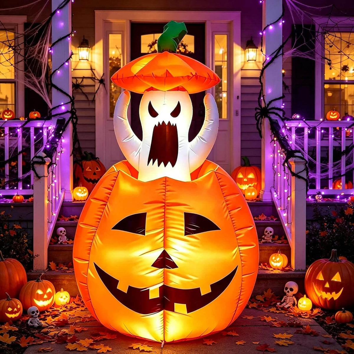 Animated LED ghost and pumpkin Halloween inflatable, detail view