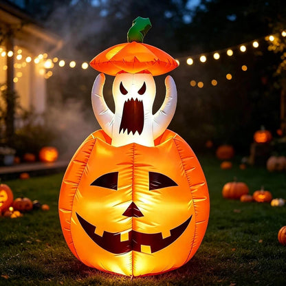 Animated LED ghost and pumpkin Halloween inflatable shown fully inflated
