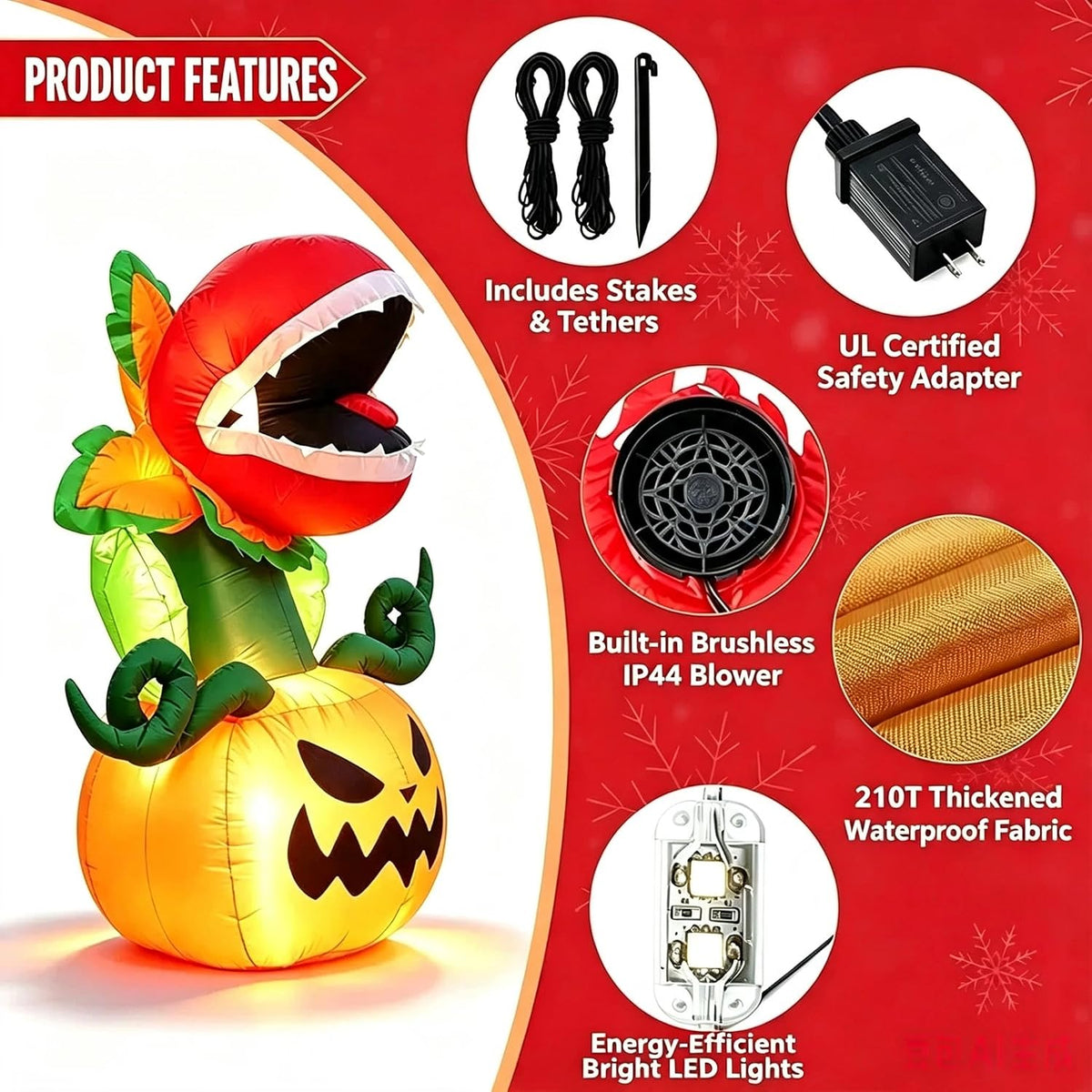 Carnivorous plant and pumpkin inflatable set up in a yard display