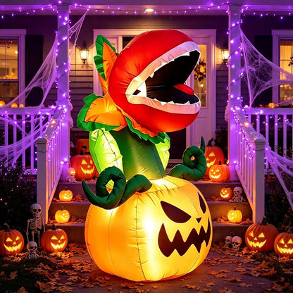 Lighted carnivorous plant inflatable rising from a glowing jack-o'-lantern base on a porch at night