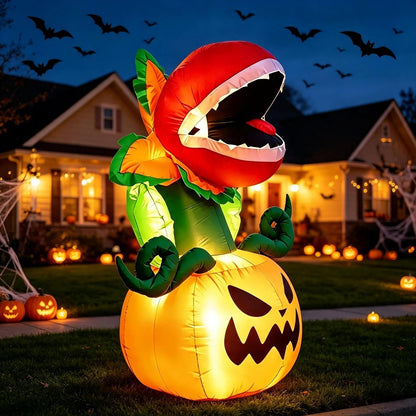 Carnivorous plant and pumpkin inflatable, front view