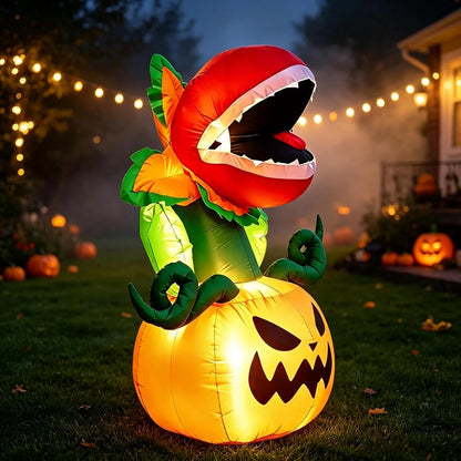 Carnivorous plant and pumpkin inflatable, side view