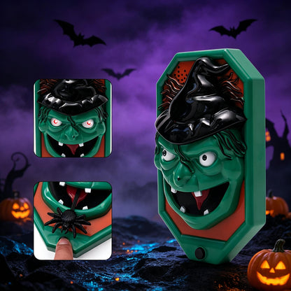 Set of orange, white, and green Halloween spider doorbell props