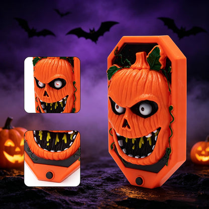 Orange pumpkin-face Halloween doorbell with pop-up spider prop