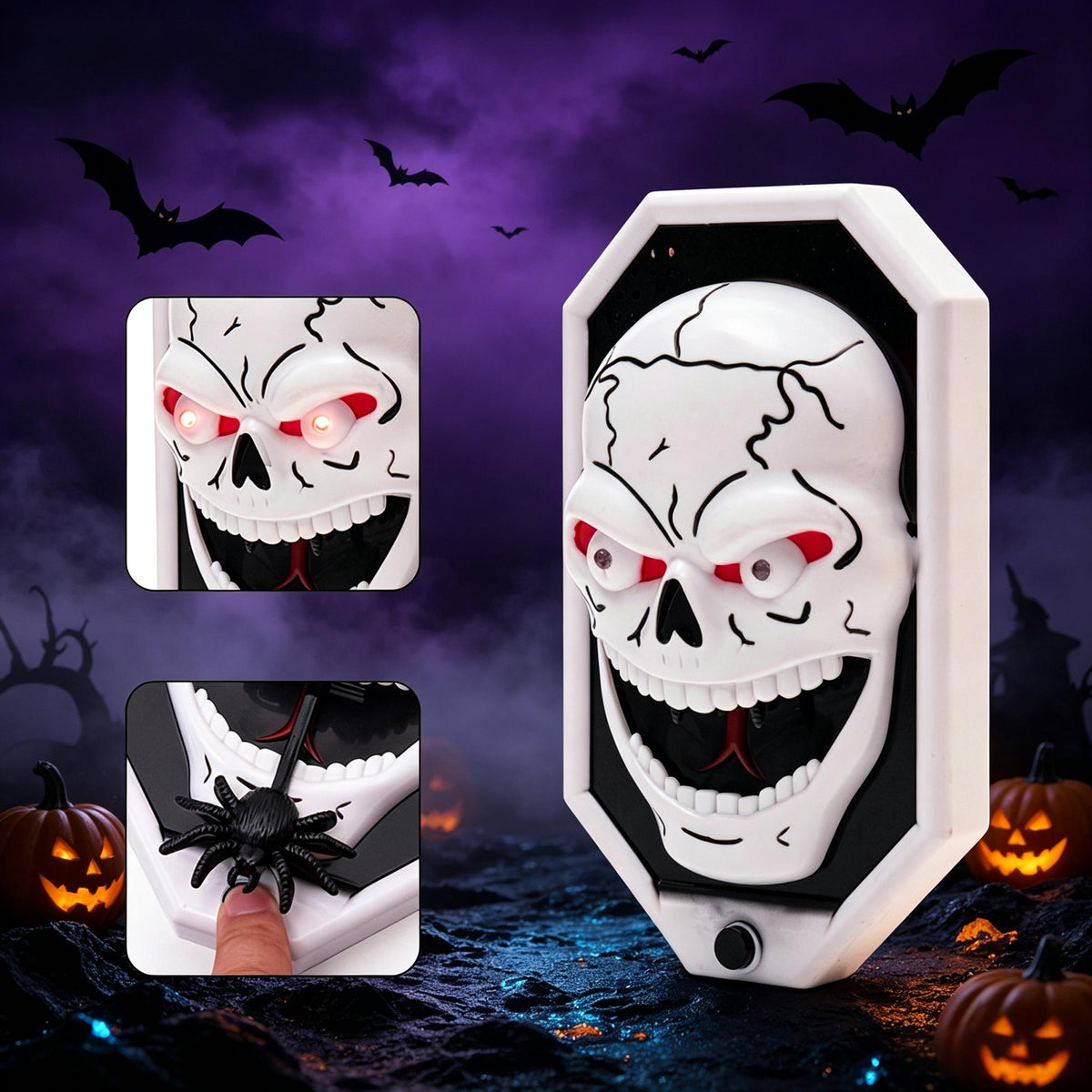 Halloween pop-up spider doorbell displayed on a porch railing