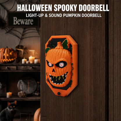Close-up of Halloween doorbell button triggering pop-up spider