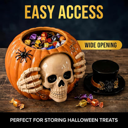 Halloween candy jar shaped as a skull and pumpkin