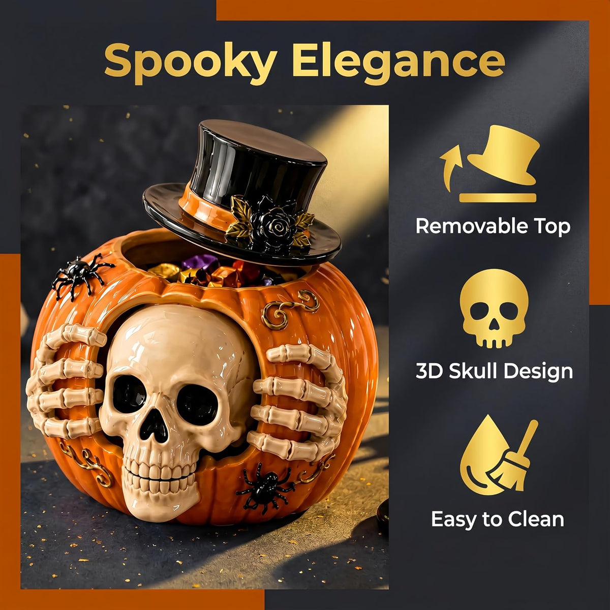 Removable fitted lid on a skull and pumpkin candy jar