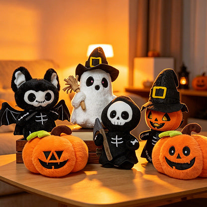 Close-up of embroidered face on Halloween pumpkin plush