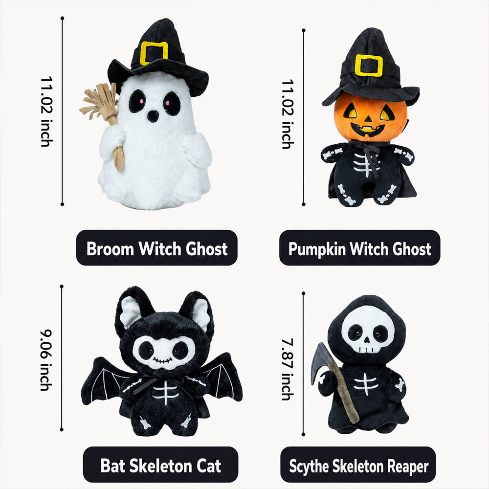 Size comparison of Halloween plush characters side by side