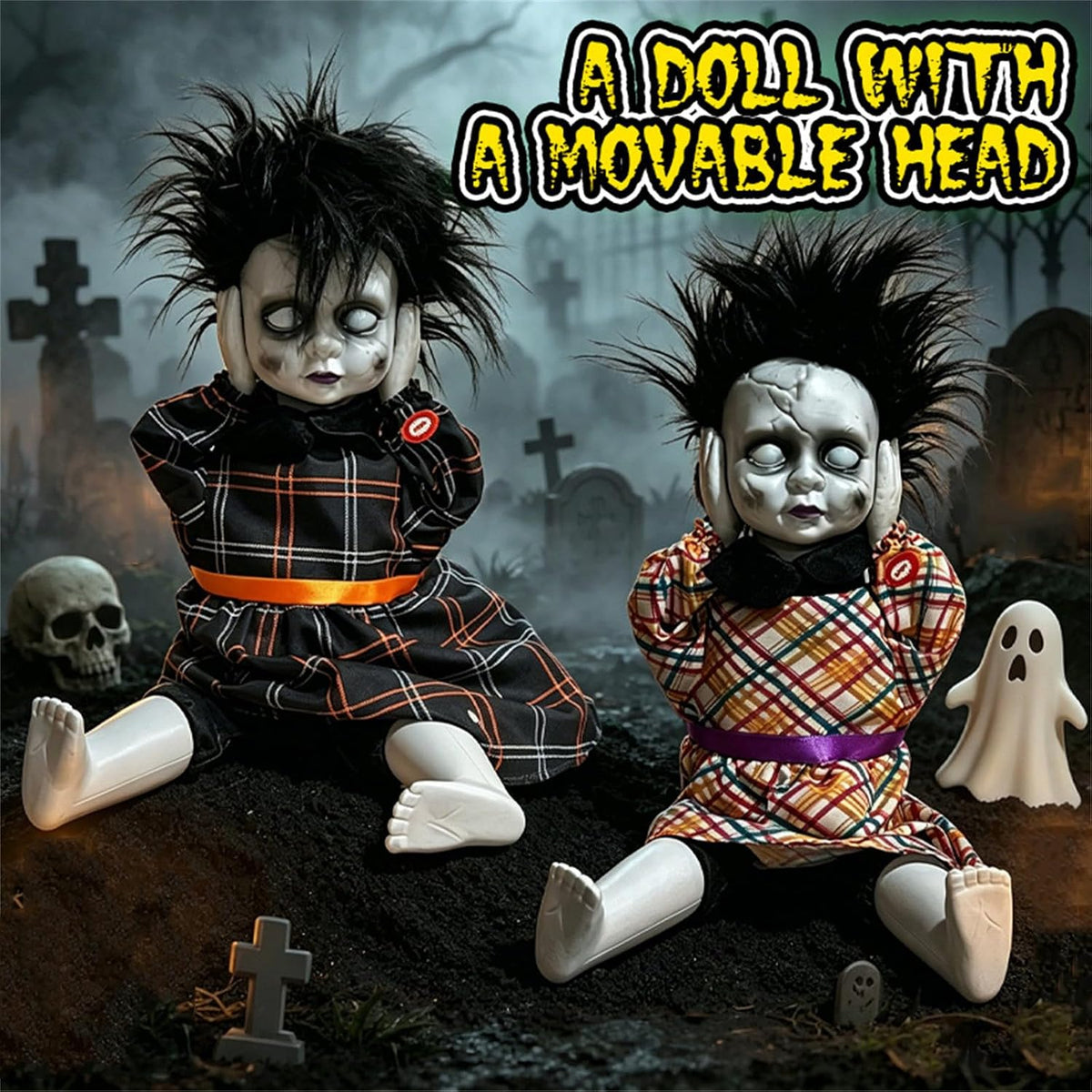Black-clothing variant of animated head-lifting horror doll