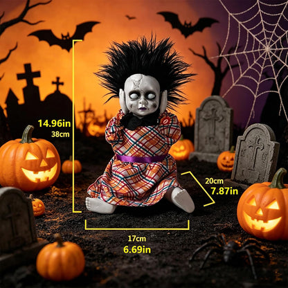 Side view of seated horror doll showing plaid clothing detail