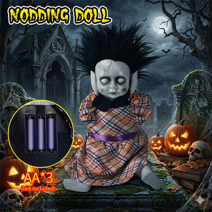 Horror doll prop displayed in a haunted house window scene