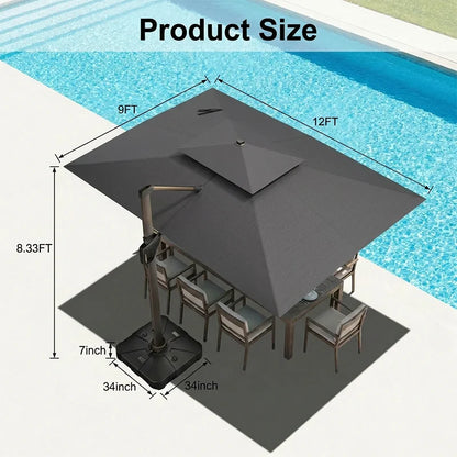 9x12 ft Windproof Cantilever Parasol with Water Tank Base, 360° Rotation, Outdoor Pool
